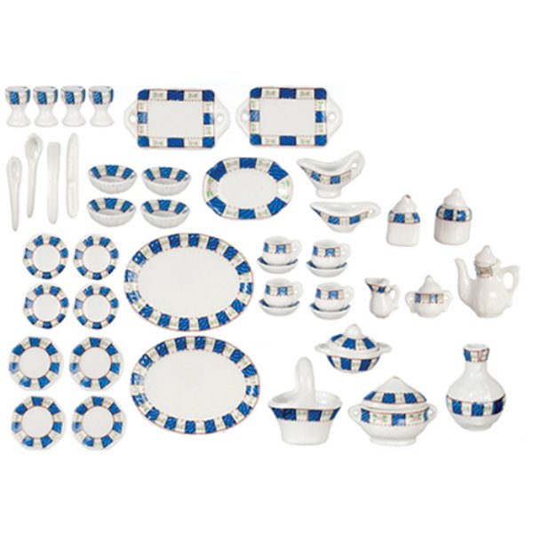 AZG8480 Tea Set for Dollhouse Miniatures - Blue Trim - 50 Piece