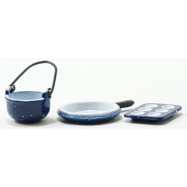 IM65193 Spatter Cookware Set for Dollhouse Miniature - Blue - 3 Piece
