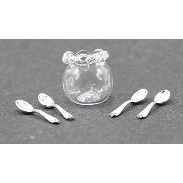 CB067 Glass Spooner with 4 Teaspoons for Dollhouse Miniature