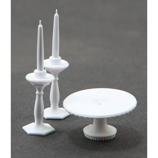 CB70W Cake Plate with 2 Candlesticks for Dollhouse Miniature - White