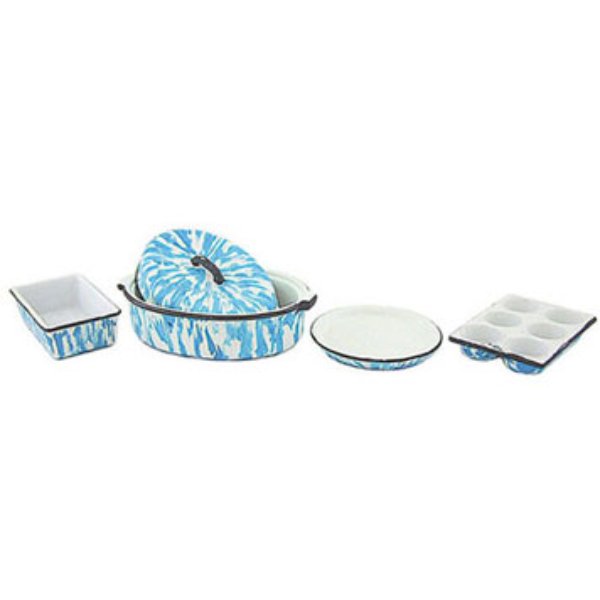 CAR0893 Roaster & Pan Set for Dollhouse Miniature - Flow Blue - 5 Piece