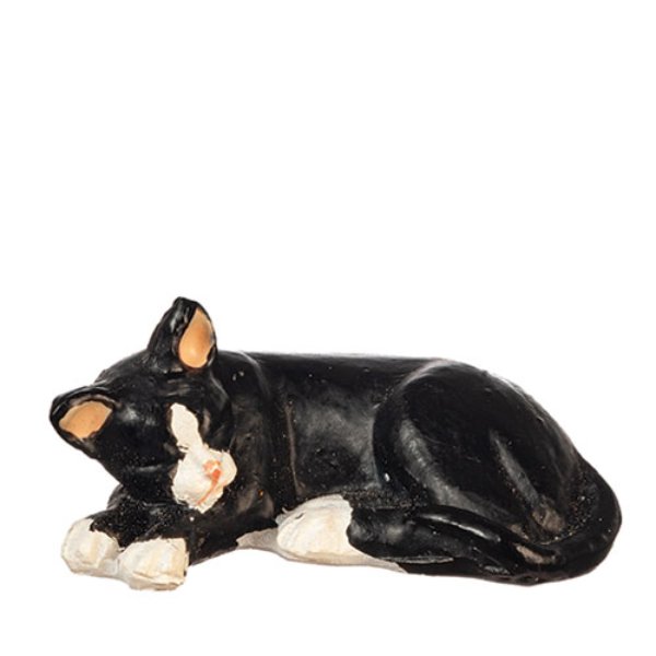 AZE0132 Laying Left Cat for Dollhouse Miniature - Black & White