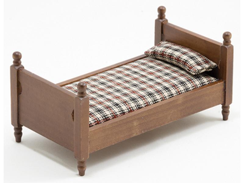 CLA10070 Single Bed with Plaid Fabric for Dollhouse Miniature, Walnut