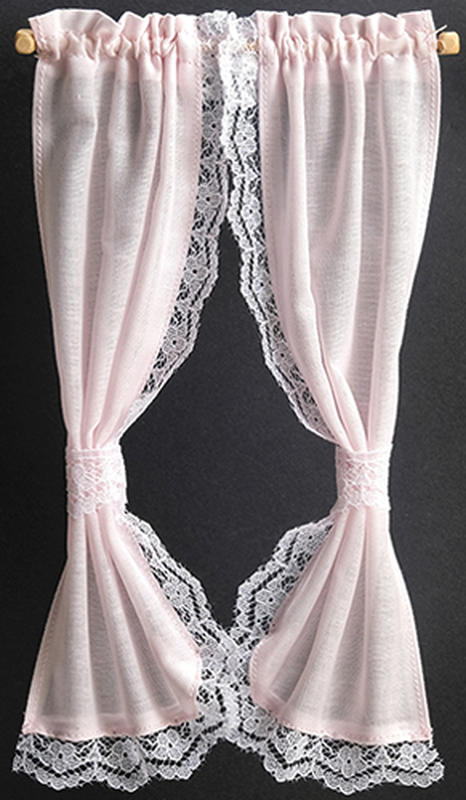 BB52204 7 in. Pink Ruffled Sheer Curtain for Dollhouse Miniatures