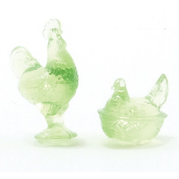 CB152G Rooster & Nesting Hen Figurines for Dollhouse Miniature - Green