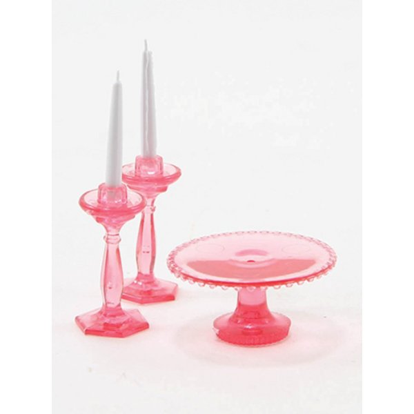 CB70P Cake Plate with 2 Candlesticks for Dollhouse Miniature - Pink