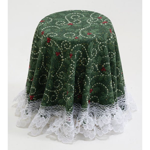 CB174 Skirted Table for Dollhouse Miniature - Green Christmas Hearts Pattern with Lace Trim