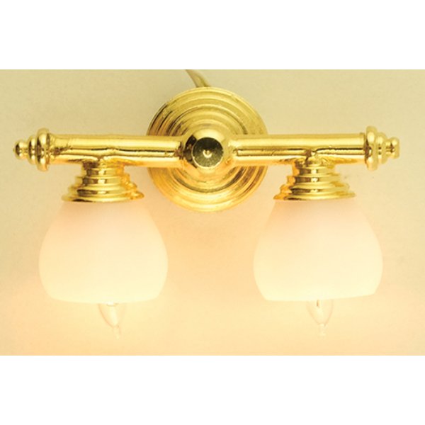 MH45132 12V Brass Double Wall Lamp with White Shade for Dollhouse Miniature