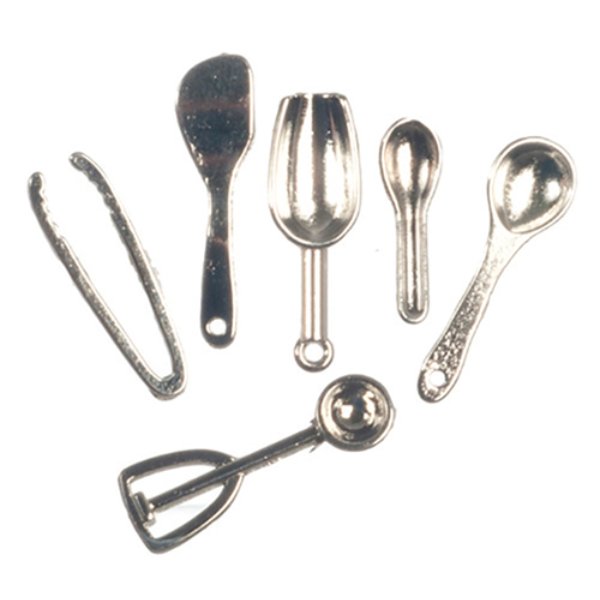 AZG8225 Silver Kitchen Utensils for Dollhouse Miniature - 6 Piece