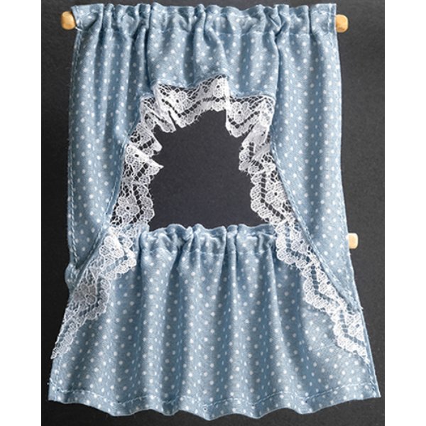 BB52423 Ruffled Cape Curtains for Dollhouse Miniature - Blue Dots