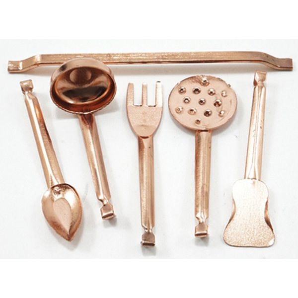 IM65055 Copper Utensils with Hanging Rod for Dollhouse Miniature - 5 Piece
