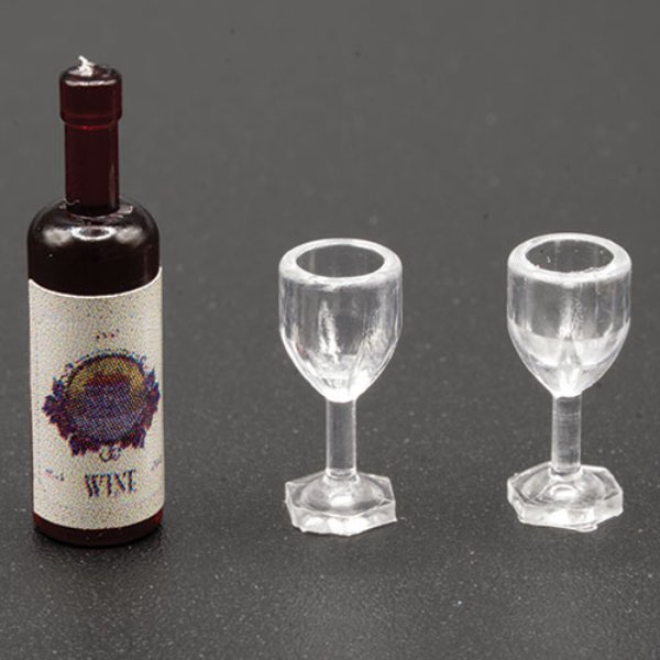 IM65758 Wine Bottle with Label & 2 Empty Wine Glasses for Dollhouse Miniature