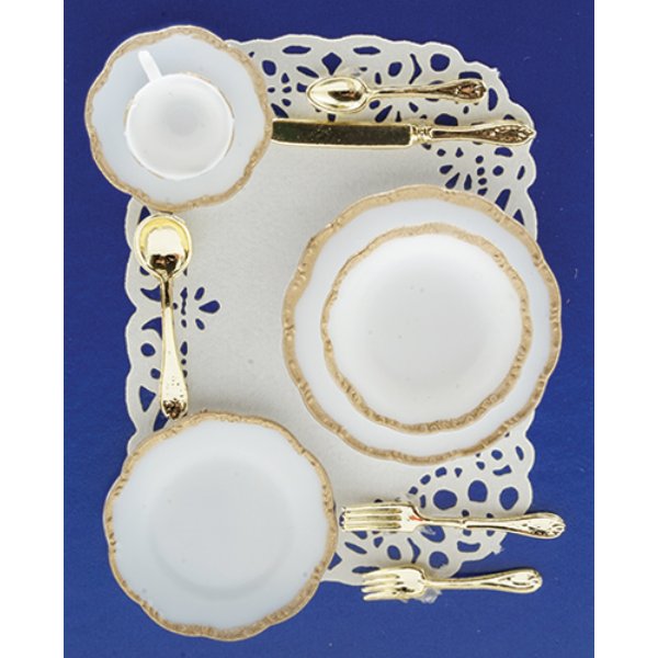 CB100 1 Place Table Setting with Gold Trim for Dollhouse Miniature