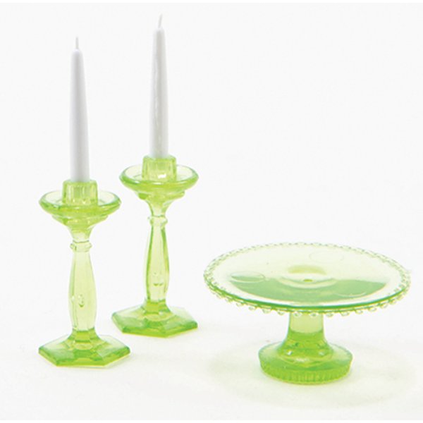 CB70G Cake Plate with 2 Candlesticks for Dollhouse Miniature - Green