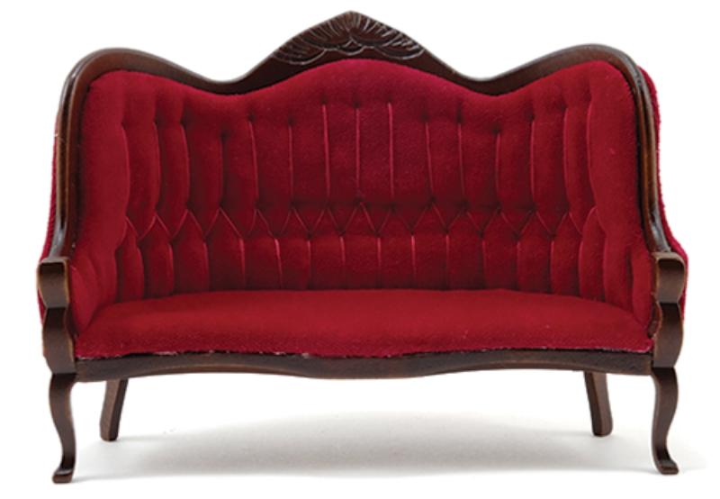 CLA10967 Victorian Sofa for Dollhouse Miniature, Walnut with Red Velour Fabric