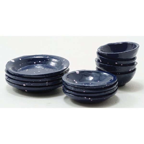 IM65300 Blue Enamelware Dishes for Dollhouse Miniature - 12 Piece