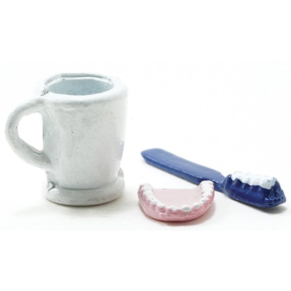 IM65386 Set of Toothbrush, Cup & Dentures for Dollhouse Miniature - 3 Piece