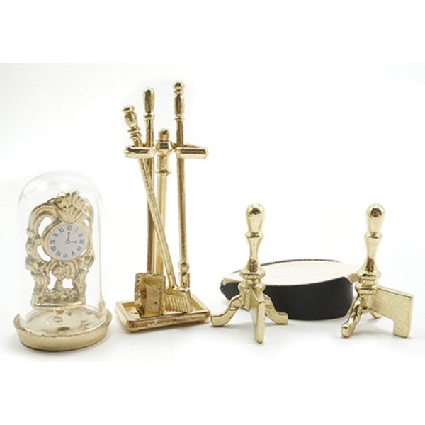 IM66235 Brass Fireplace Accessories with Clock for Dollhouse Miniature - 8 Piece