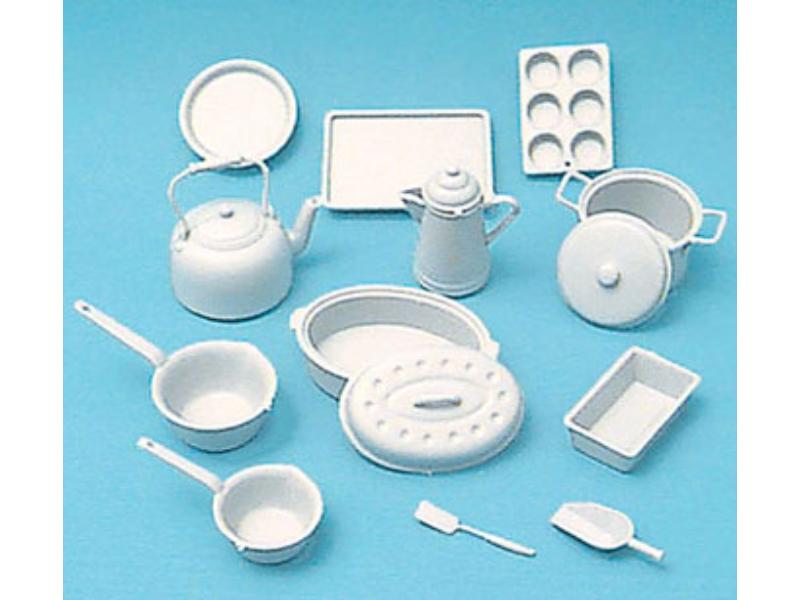CB2214 Cookware Kit for Dollhouse Miniatures, White - 14 Piece