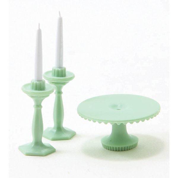 CB70J Cake Plate with 2 Candlesticks for Dollhouse Miniature - Jadeite