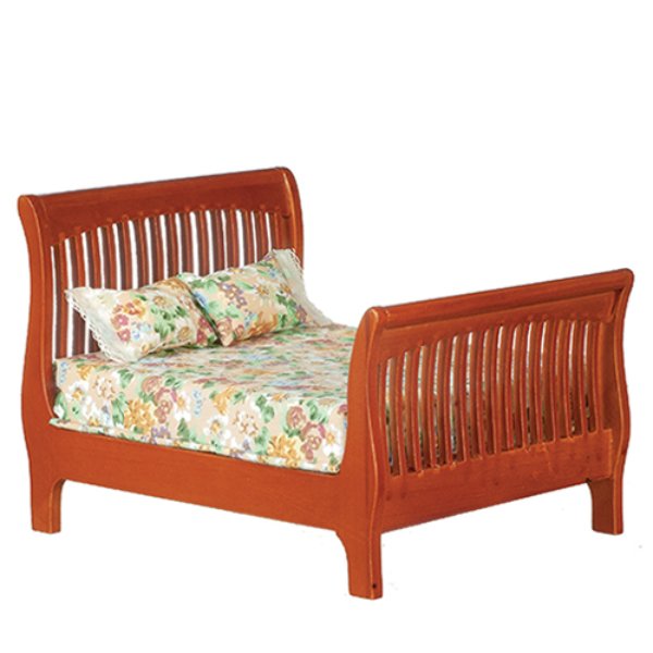AZT6596 Slat Double Bed for Dollhouse Miniatures - Walnut