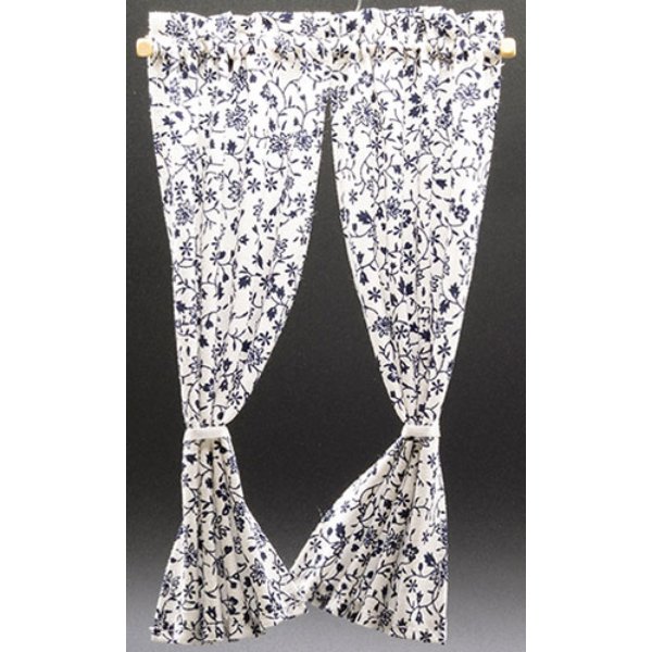BB55605 Tie Back Curtains for Dollhouse Miniature - White with Blue Vine & Flower Design