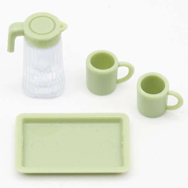 ART429 Plastic Water Pitcher with Cups & Tray for Dollhouse Miniature - Light Green