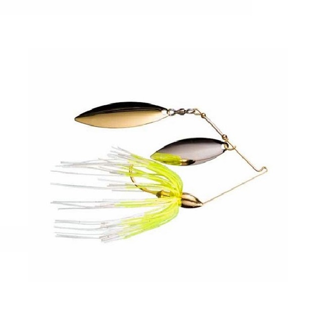 0.375 oz Gold Frame Double Willow Spinnerbait Fishing Lure, White Chartreuse