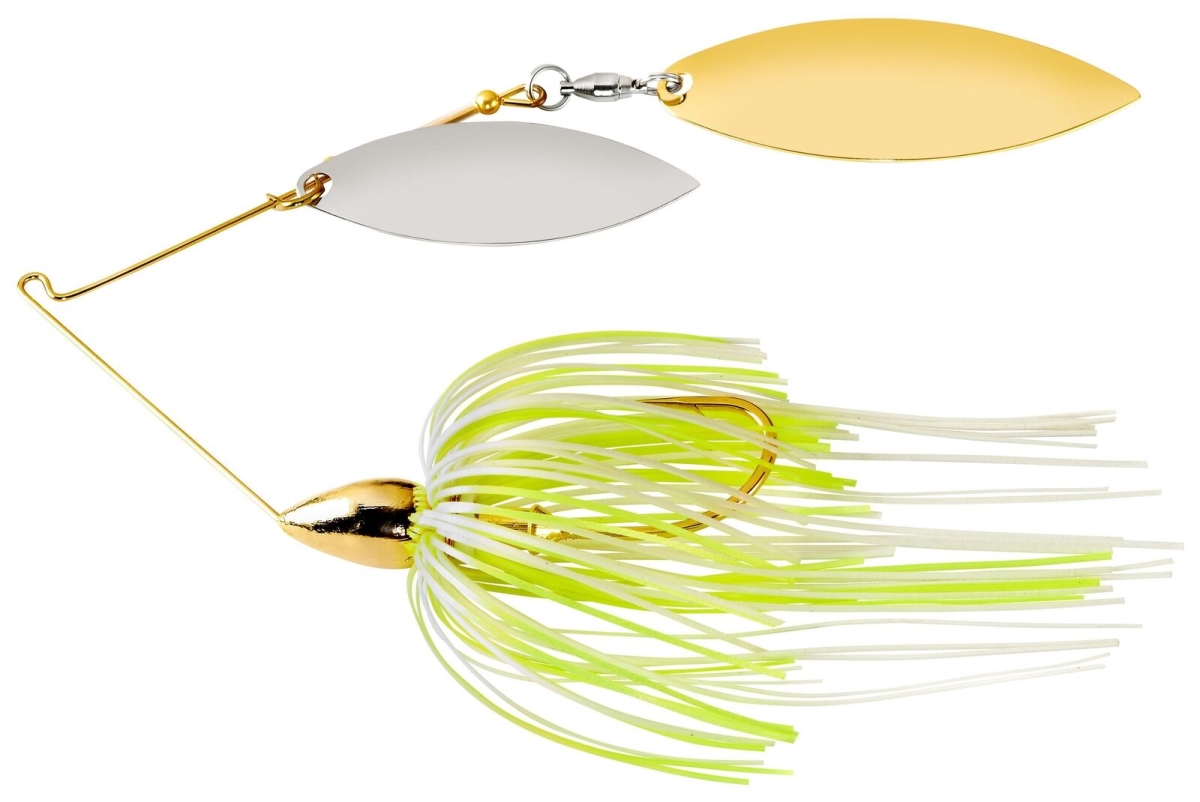 WE12GW16 Gold Frame Double Willow Spinnerbait Hot White & Chartreuse Fishing Lure