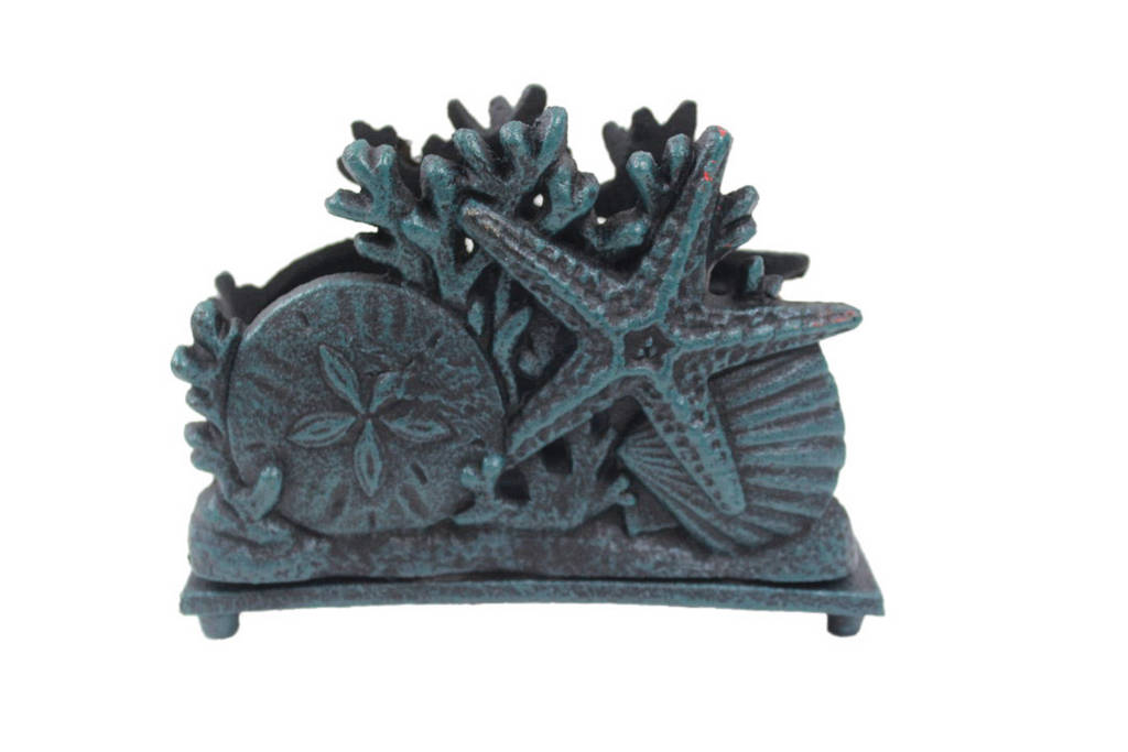 Seaworn Blue Cast Iron Seashell Napkin Holder, 7 in.