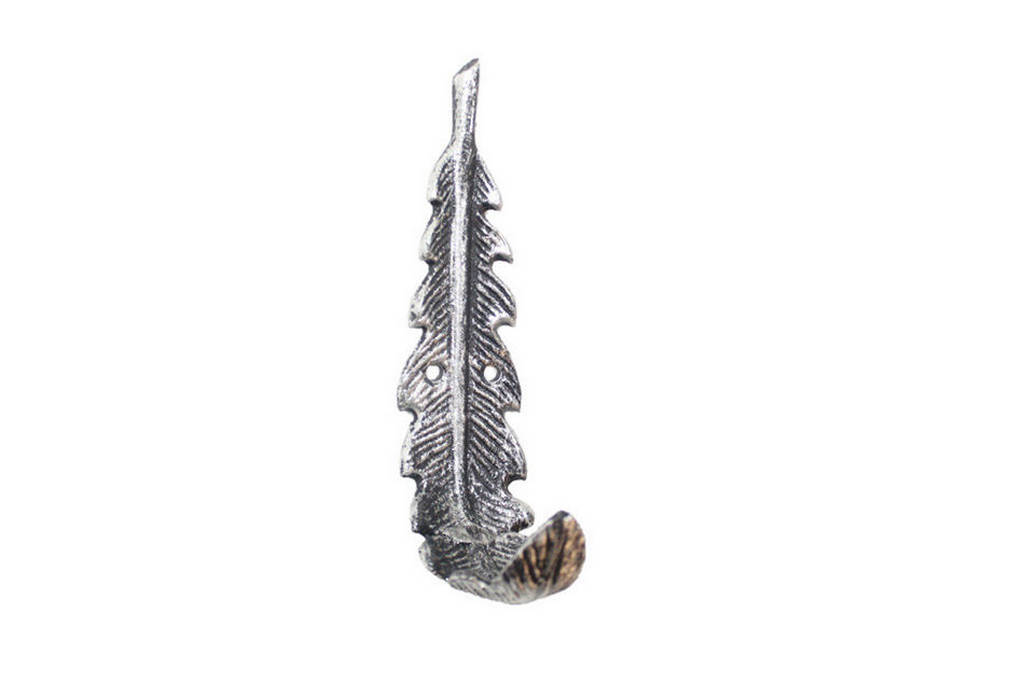 Rustic Silver Cast Iron Decorative Feather Hook, 6 in.