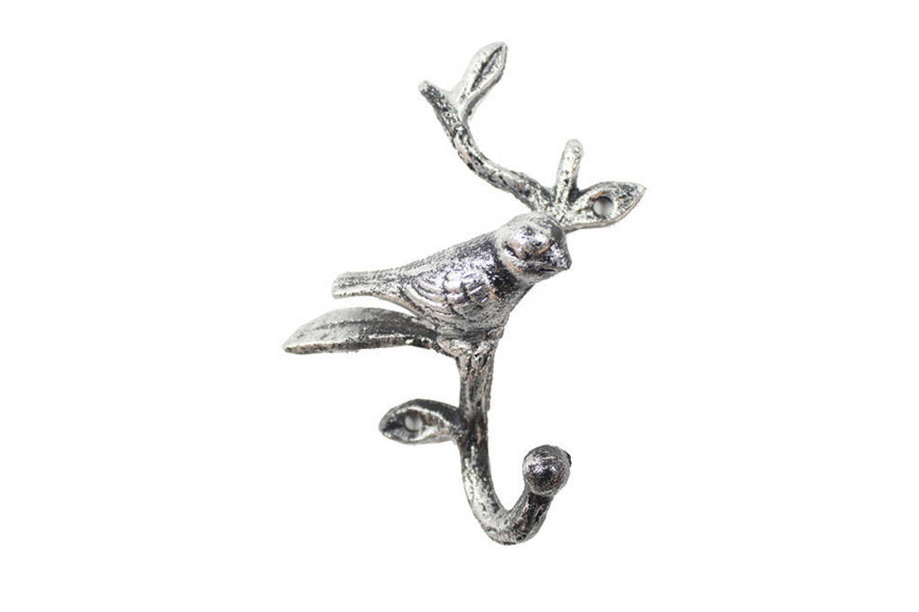 Rustic Silver Cast Iron Decorative Bird Hook, 6 in.