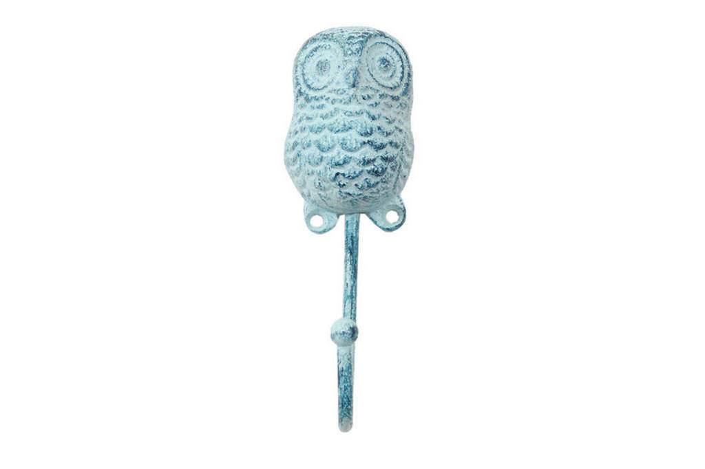 Rustic Dark Blue Whitewashed Cast Iron Decorative Owl Hook, 6 in.