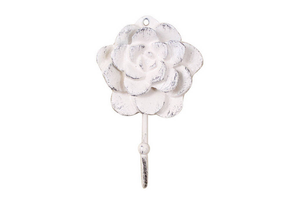 Whitewashed Cast Iron Decorative Rose Hook, 7 in.