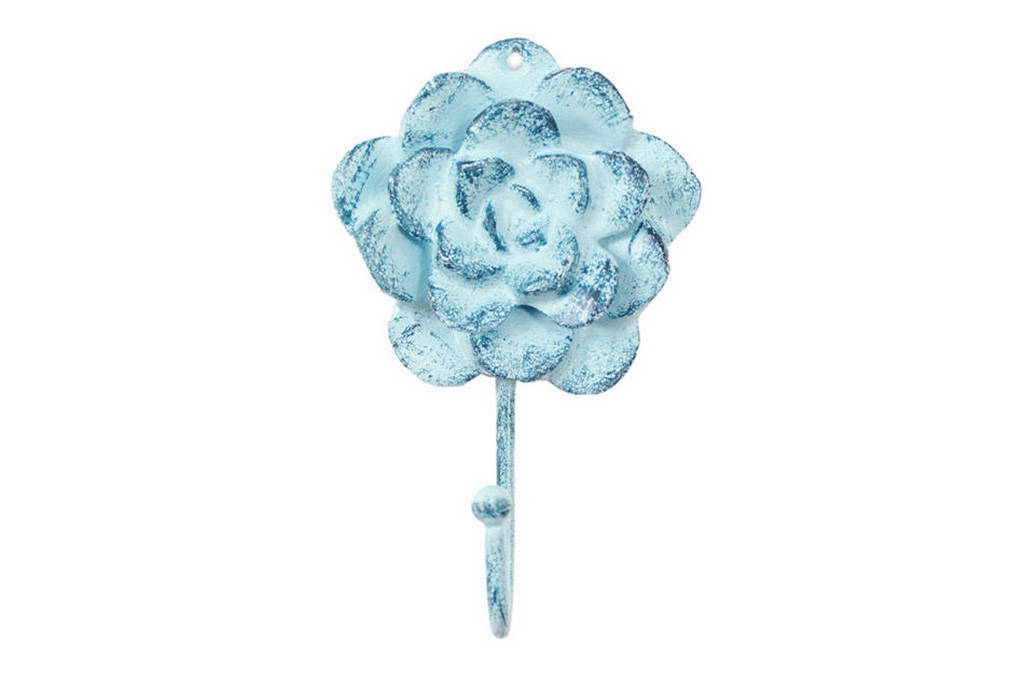 7 in. Rustic Dark Blue Whitewashed Cast Iron Decorative Rose Hook