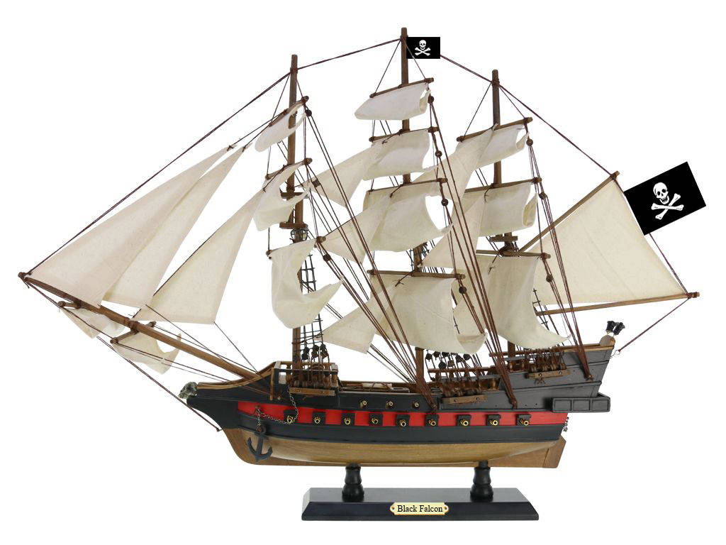 Wooden Captain Kidds Black Falcon & White Sails Limited Model Pirate Ship - 26 in.