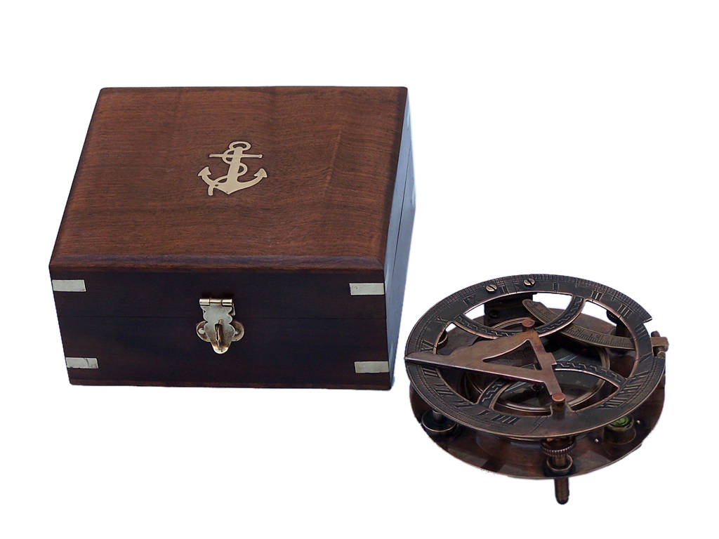 Round Sundial Compass with Rosewood Box - Antique Copper - 6 in.