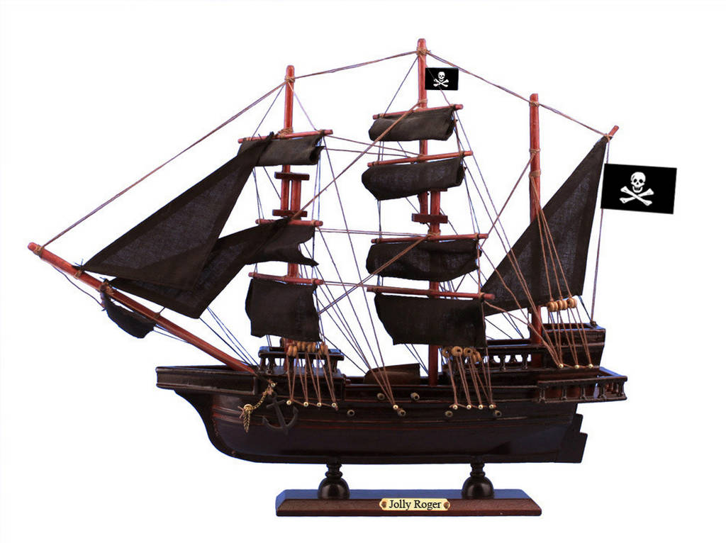 Picture of Handcrafted Model Ships Jolly-Roger-Black-Sails-15 Wooden Captain Hooks Jolly Roger & Sails Pirate Ship Model rom Peter Pan&#44; Black - 15 in.
