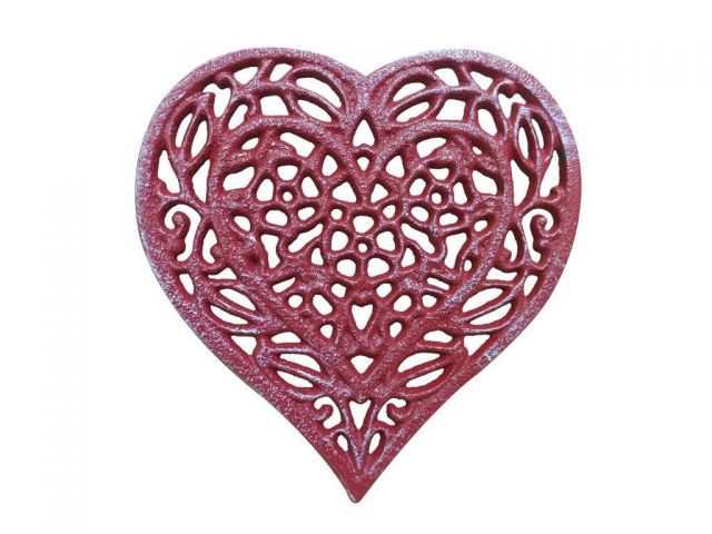 Picture of Handcrafted Model Ships K-0306-WW-Red Whitewashed Cast Iron Heart Shaped Trivet&#44; Rustic Red - 7 in.