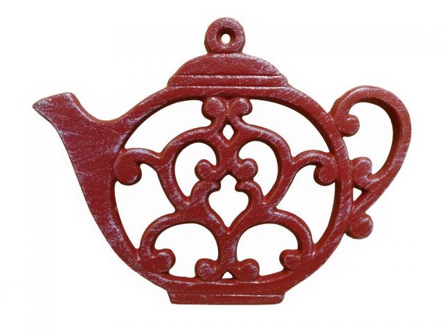 Picture of Handcrafted Model Ships K-0705-WW-Red Whitewashed Cast Iron Round Teapot Trivet&#44; Rustic Red - 8 in.