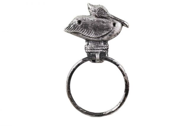 Picture of Handcrafted Model Ships K-9017-PEL-Silver Cast Iron Pelican On Post Towel Holder&#44; Rustic Silver - 8 in.