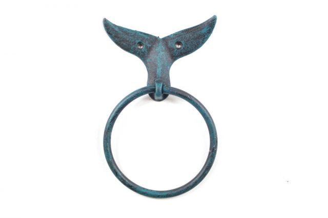 Cast Iron Whale Tail Towel Holder - Seaworn Blue - 7.5 in.