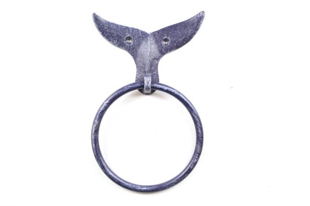 K-9022-Solid-Dark-Blue Cast Iron Whale Tail Towel Holder, Rustic Dark Blue - 7.5 in.