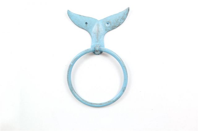 K-9022-Solid-Light-Blue Cast Iron Whale Tail Towel Holder, Rustic Light Blue - 7.5 in.