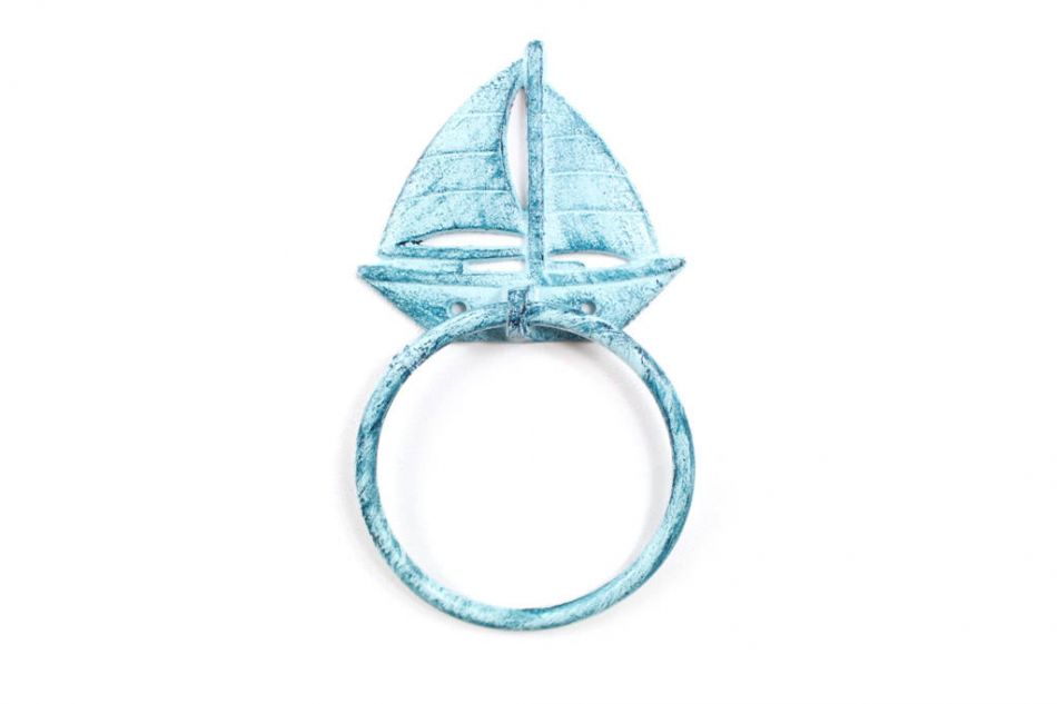 K-9032-Dark-Blue Whitewashed Cast Iron Sailboat Towel Holder, Rustic Dark Blue - 8 in.