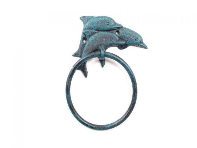 Cast Iron Dolphins Towel Holder, Seaworn Blue - 7 in.