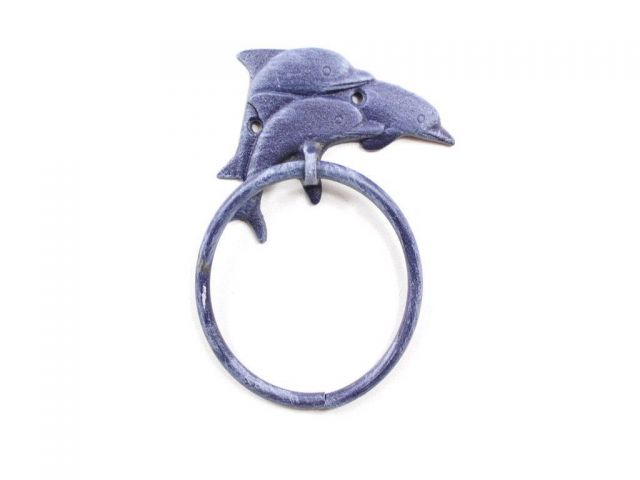 Picture of Handcrafted Model Ships K-9034-Solid-Dark-Blue Cast Iron Dolphins Towel Holder&#44; Rustic Dark Blue - 7 in.