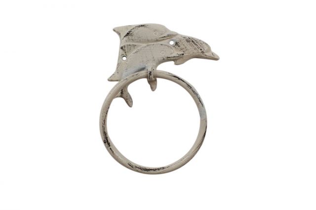 Whitewashed Cast Iron Dolphins Towel Holder - 7 in.