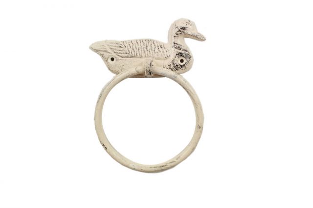 Whitewashed Cast Iron Mallard Duck Towel Holder - 6.5 in.