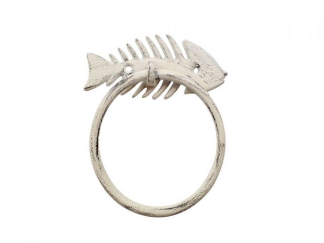 Picture of Handcrafted Model Ships K-9038-W Whitewashed Cast Iron Fish Bone Towel Holder - 5.5 in.
